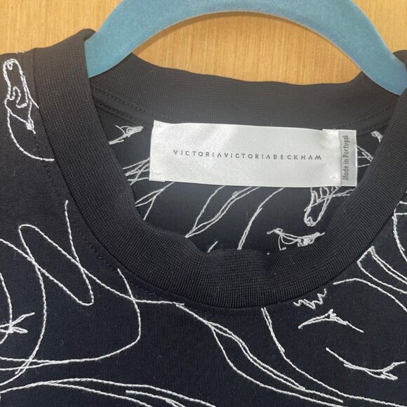 Victoria Beckham Womens Tee Shirt Size Small Black Scribble Swan Embroidered - Picture 3 of 9